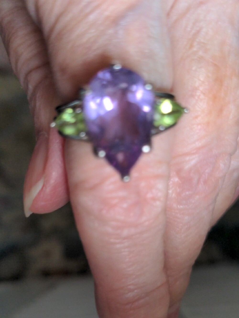 Sterling Silver Purple Teardrop Amethyst Ring, Peridot Green Accents, Sz 7, Box